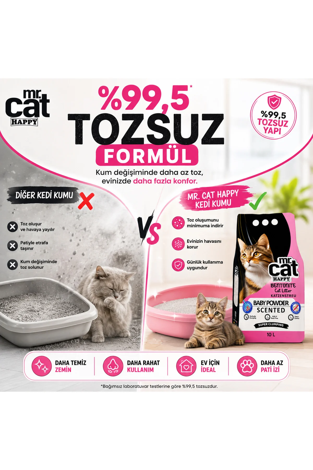 Baby Powder Kokulu Bentonit Kedi Kumu 10 LT x 2 Adet Toplam 20 LT Güçlü Topaklanan %99,5 Tozsuz