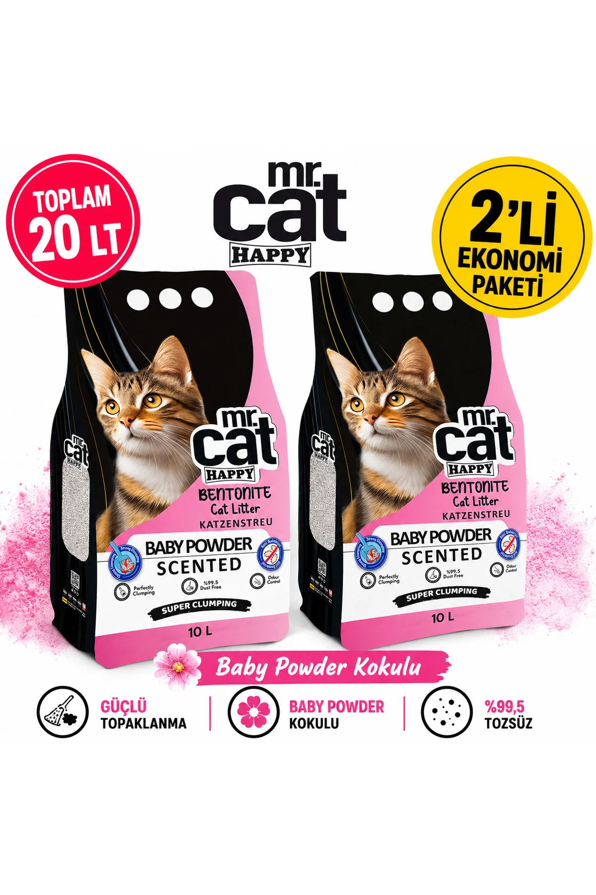 Baby Powder Kokulu Bentonit Kedi Kumu 10 LT x 2 Adet Toplam 20 LT Güçlü Topaklanan %99,5 Tozsuz