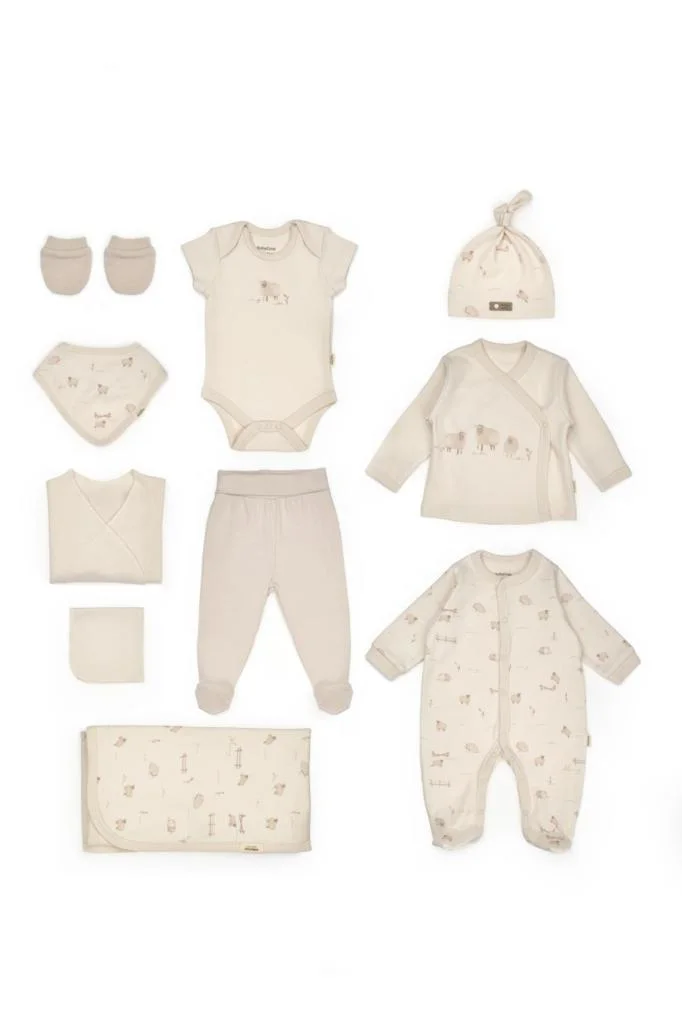 BabyCosy %100 Organik Pamuk 10'lu Kutulu Set Bebek Ve Yenidoğan Serisi 0-3 AY/56 cm Krem CSY8190-KRM