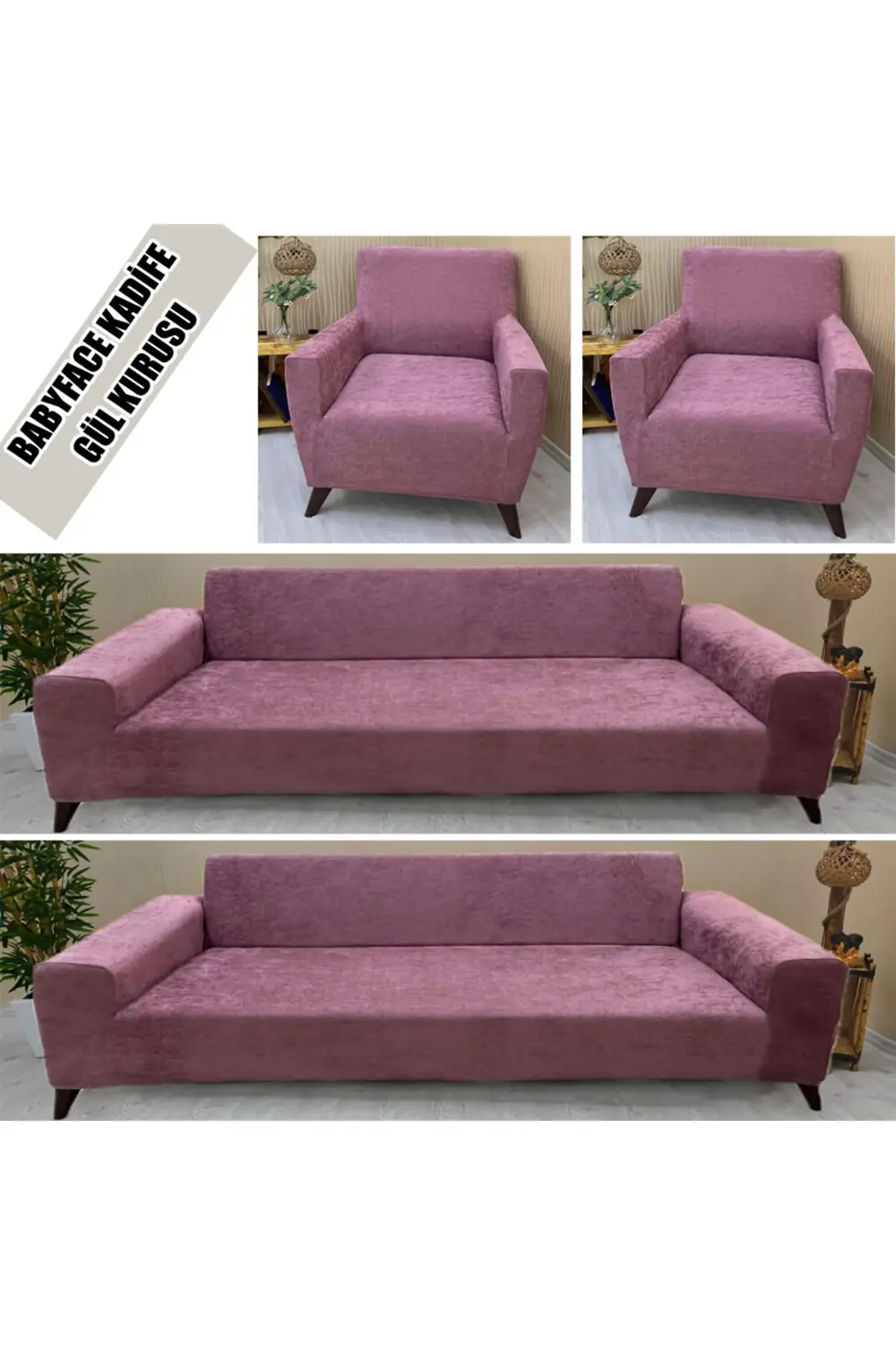 BABYFACE KADİFE KUMAŞ 2 ADET ÜÇLÜ & ÇEKYAT- 2 ADET TEKLİ SET KOLT