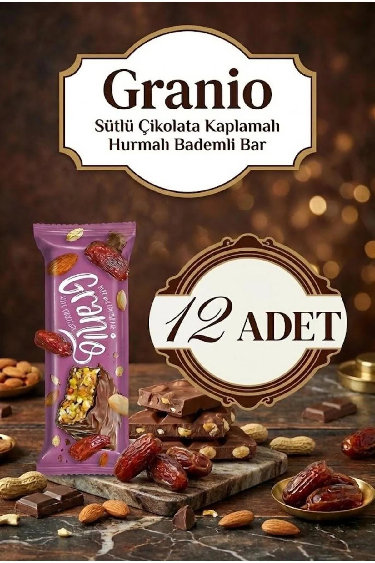 Bademli Hurmalı Sütlü Çikolata Kaplı Bar 40 gr X 12 Adet