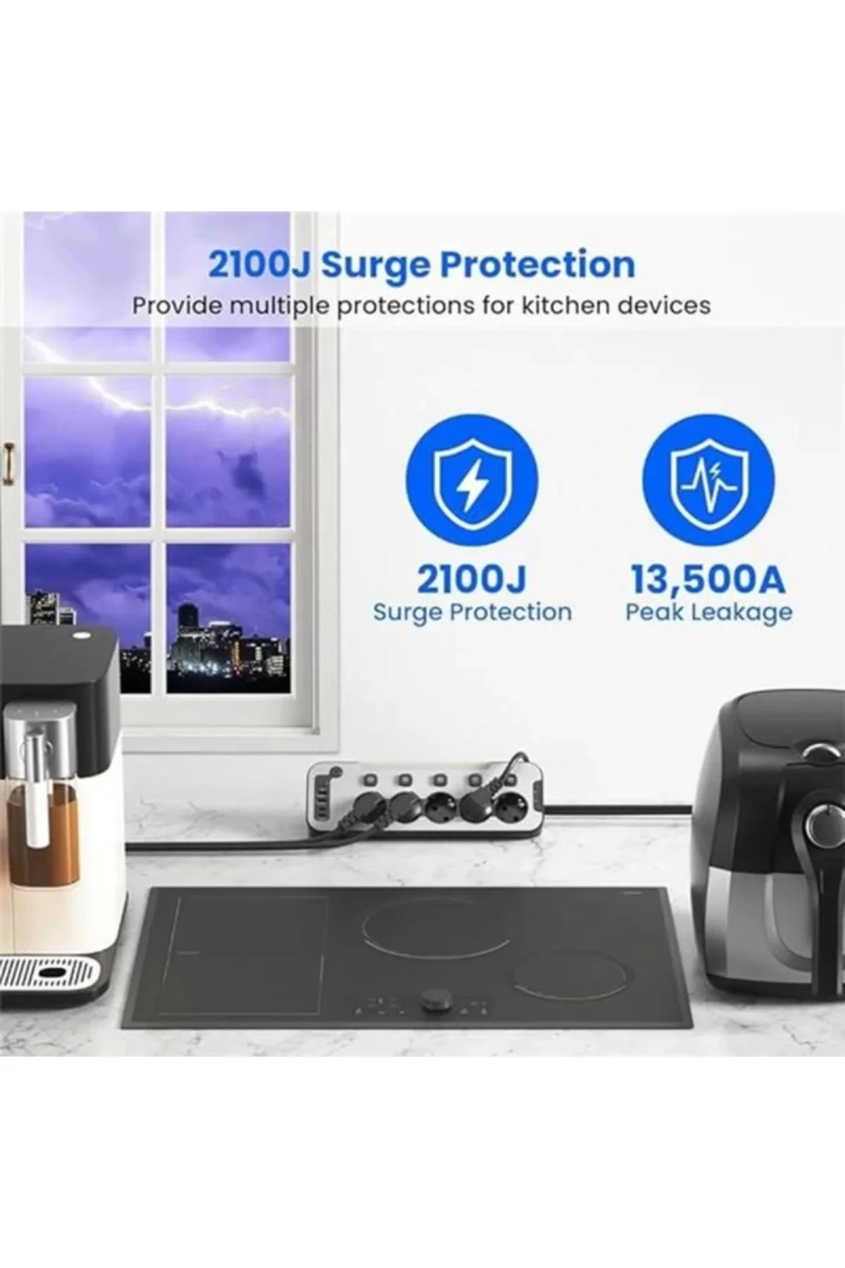 Bağımsız Anahtarlı 5'li Işıklı Akım Korumalı Çoklu Priz 4000W, 2x