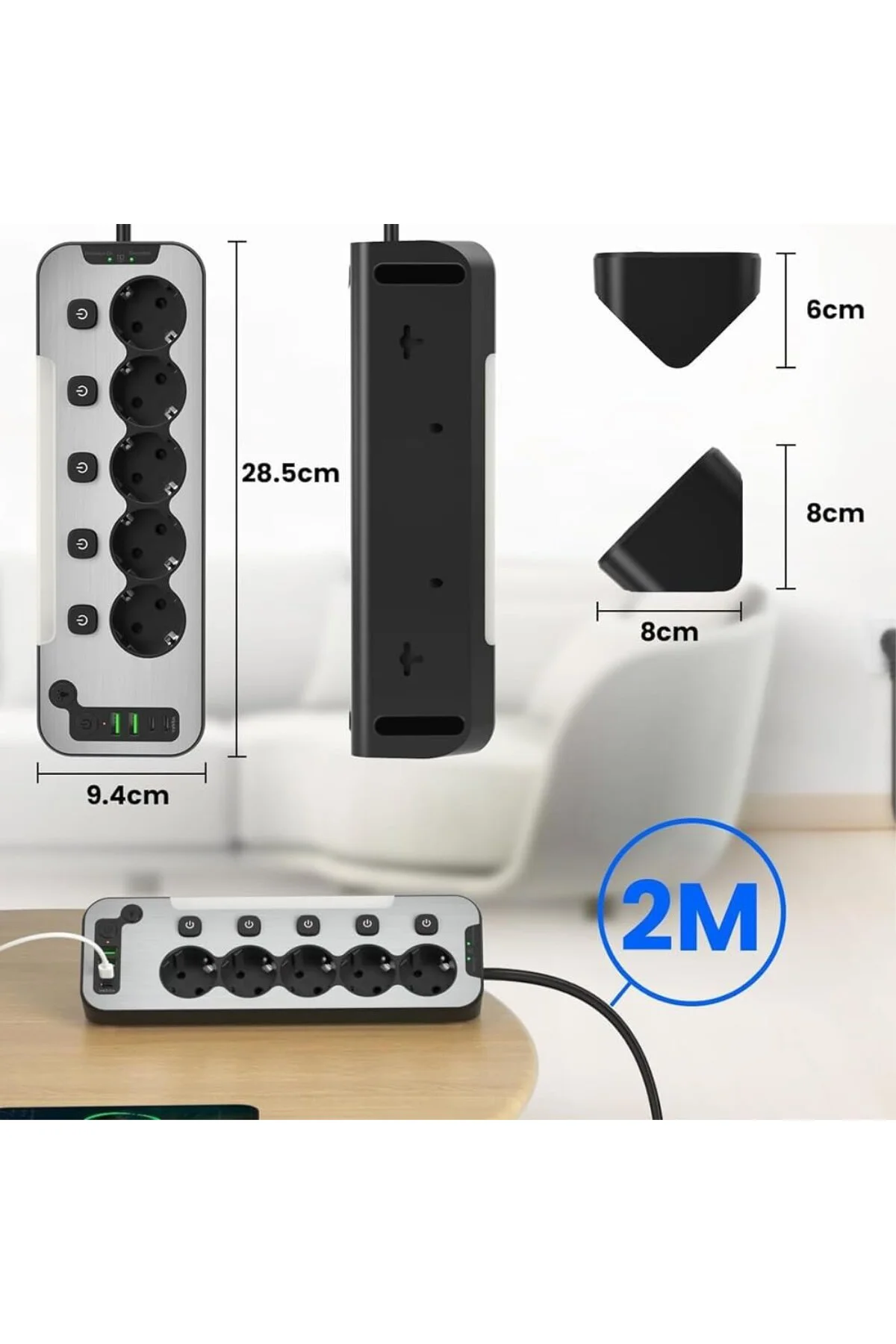 Bağımsız Anahtarlı 5'li Işıklı Akım Korumalı Çoklu Priz 4000W, 2x