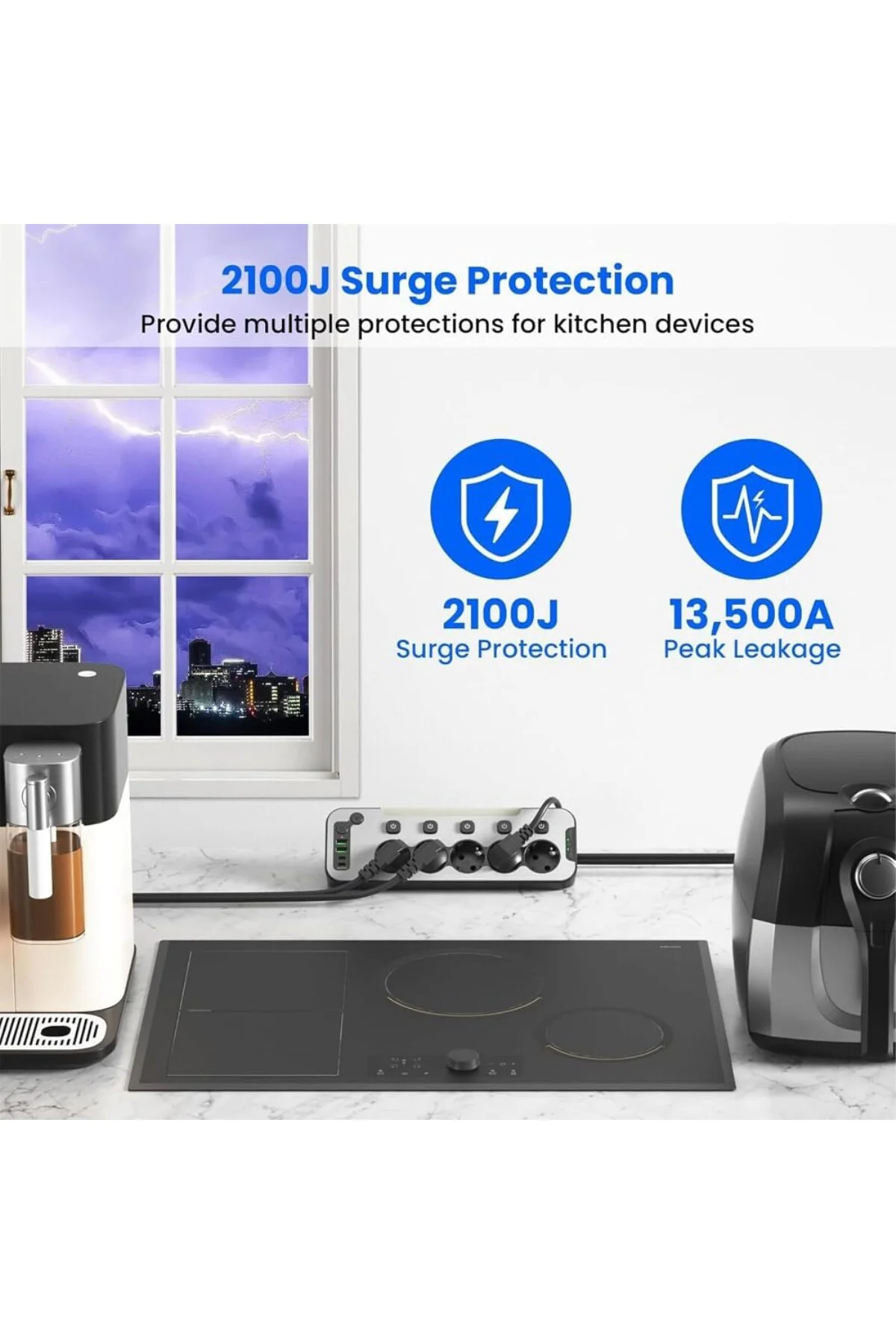 Bağımsız Anahtarlı 5'li Işıklı Akım Korumalı Çoklu Priz 4000W, 2x