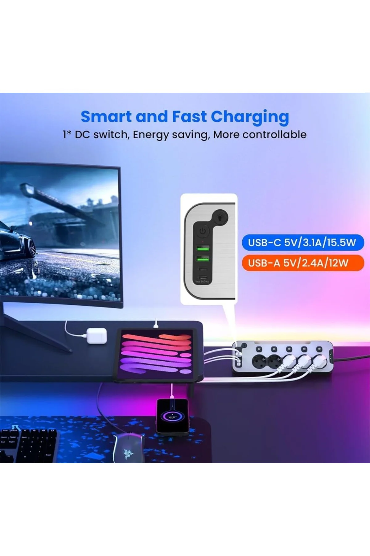 Bağımsız Anahtarlı 5'li Işıklı Akım Korumalı Çoklu Priz 4000W, 2x