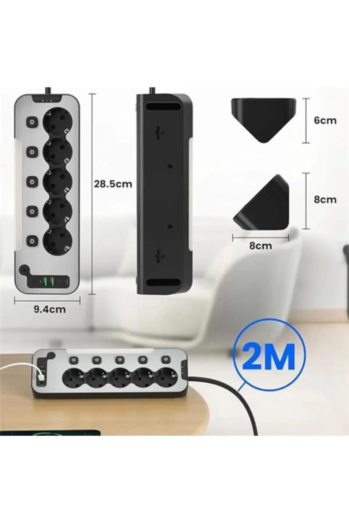 Bağımsız Anahtarlı 5'li Işıklı Akım Korumalı Çoklu Priz 4000W, 2x