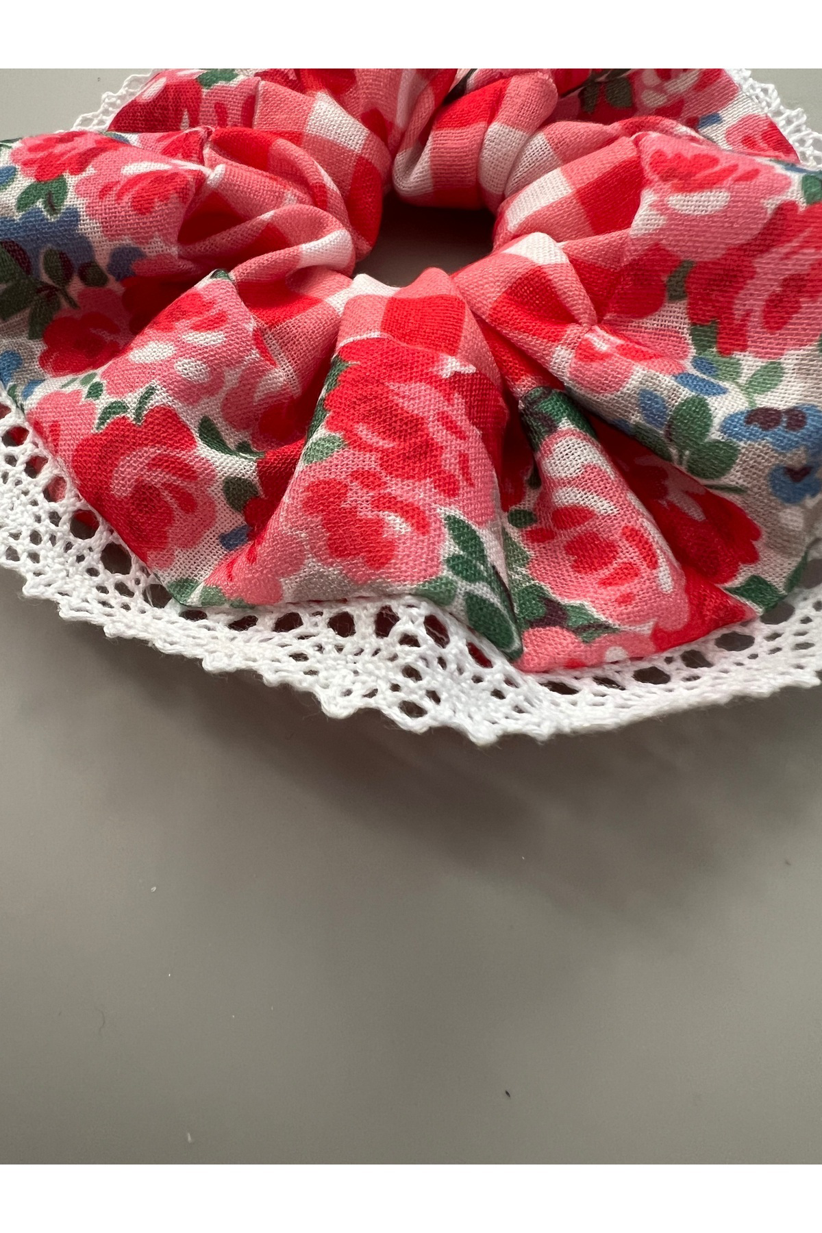 Bahama Keten İki Desenli Scrunchie Pötikare Çiçekli Kareli Lastik Toka