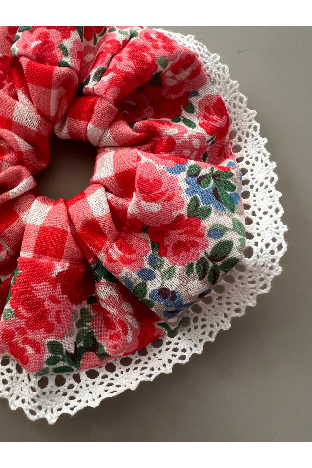 Bahama Keten İki Desenli Scrunchie Pötikare Çiçekli Kareli Lastik Toka