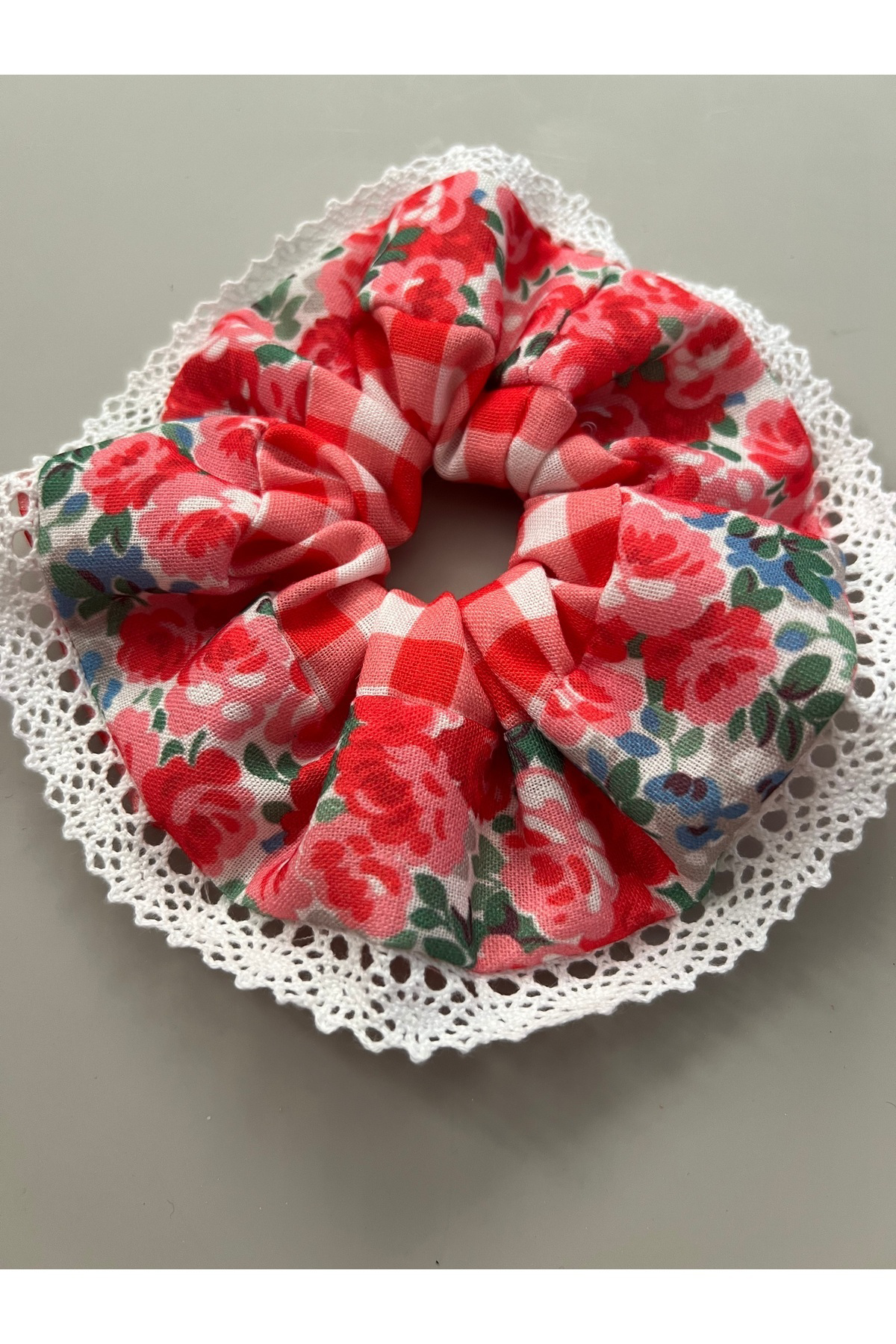 Bahama Keten İki Desenli Scrunchie Pötikare Çiçekli Kareli Lastik Toka