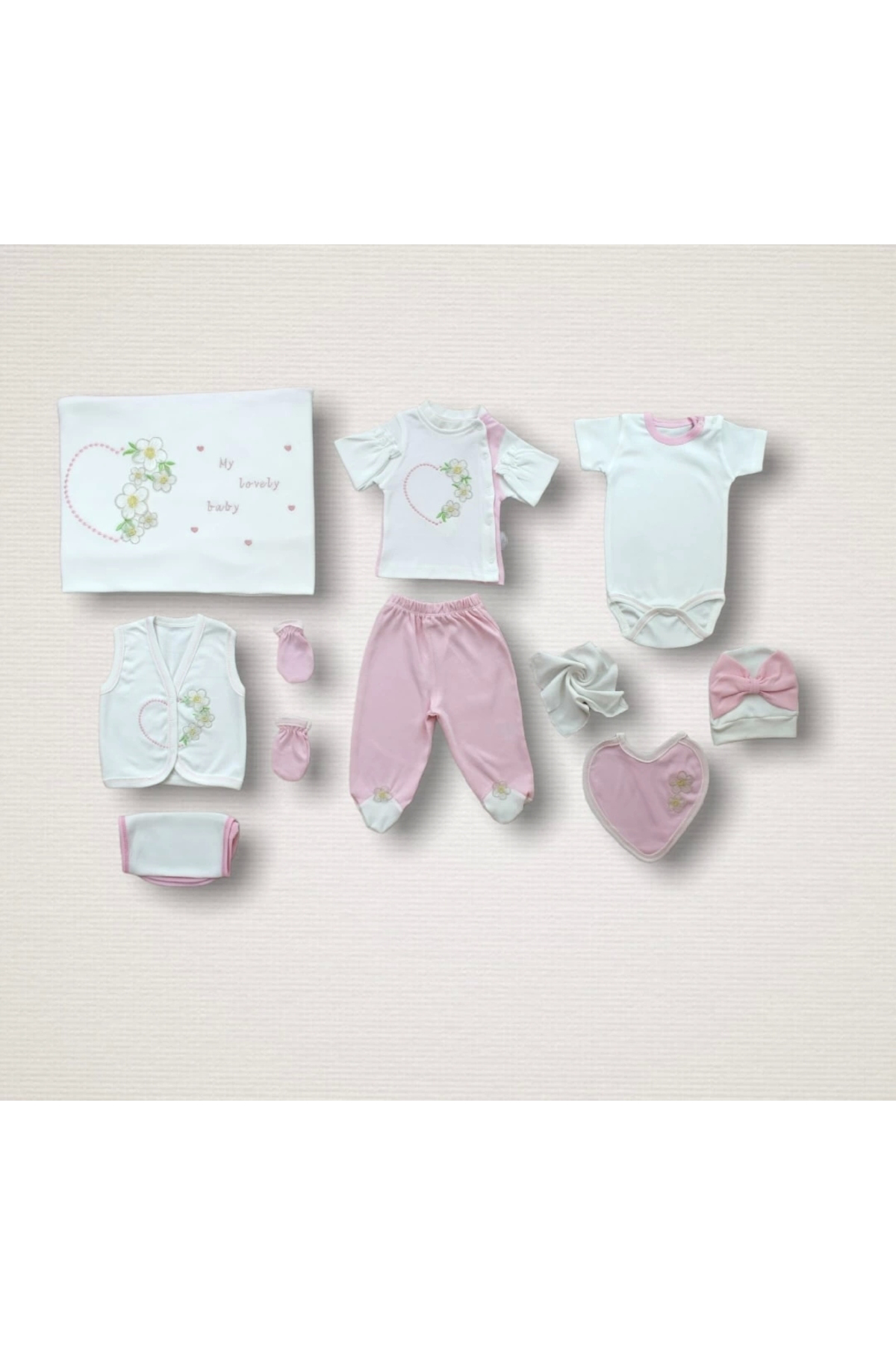 Diji Baby Baharın Çiçekli Kalbi Nakışlı %100 Cotton 10Lu Zıbın Takımı Hasta