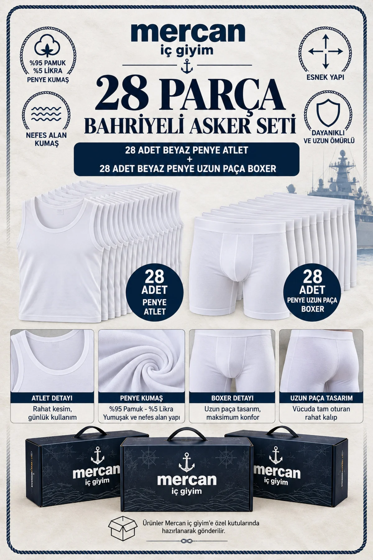 BAHRİYELİ ASKER SETİ 28 TAKIM - BEYAZ PENYE SPORCU ATLET + UZUN PAÇA LİKRALI BOXER - Görsel 3