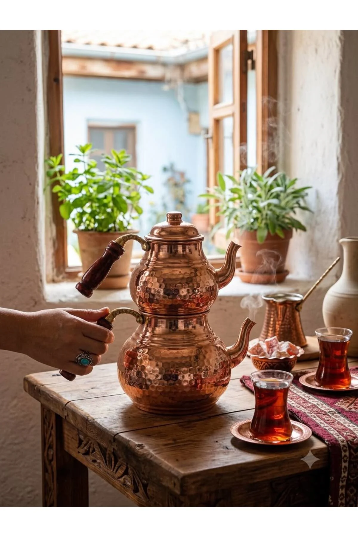 Bakır Büyük Boy Ahşap Kulplu Otantik Çaydanlık