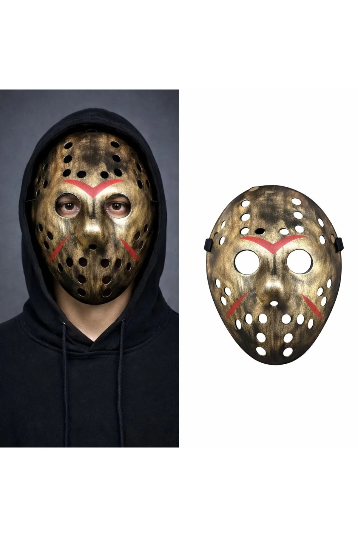 Bakır Renk Kırmızı Çizgili Tam Yüz Hokey Jason Maskesi Hannibal M Bakır Renk Kırmızı Çizgili Tam Yüz Hokey Jason Maskesi Hannibal M