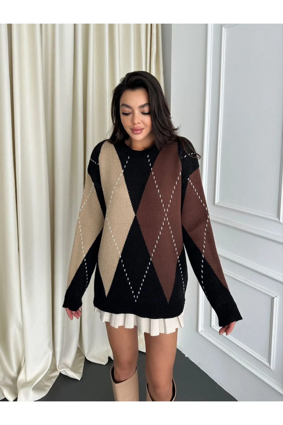 Askı Nişantaşı Baklava Desen Oversize Triko Kazak 108-00511