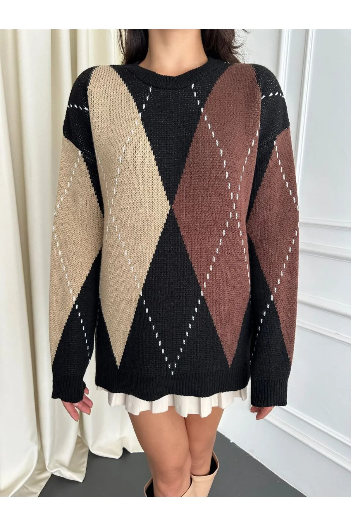 Askı Nişantaşı Baklava Desen Oversize Triko Kazak 108-00511