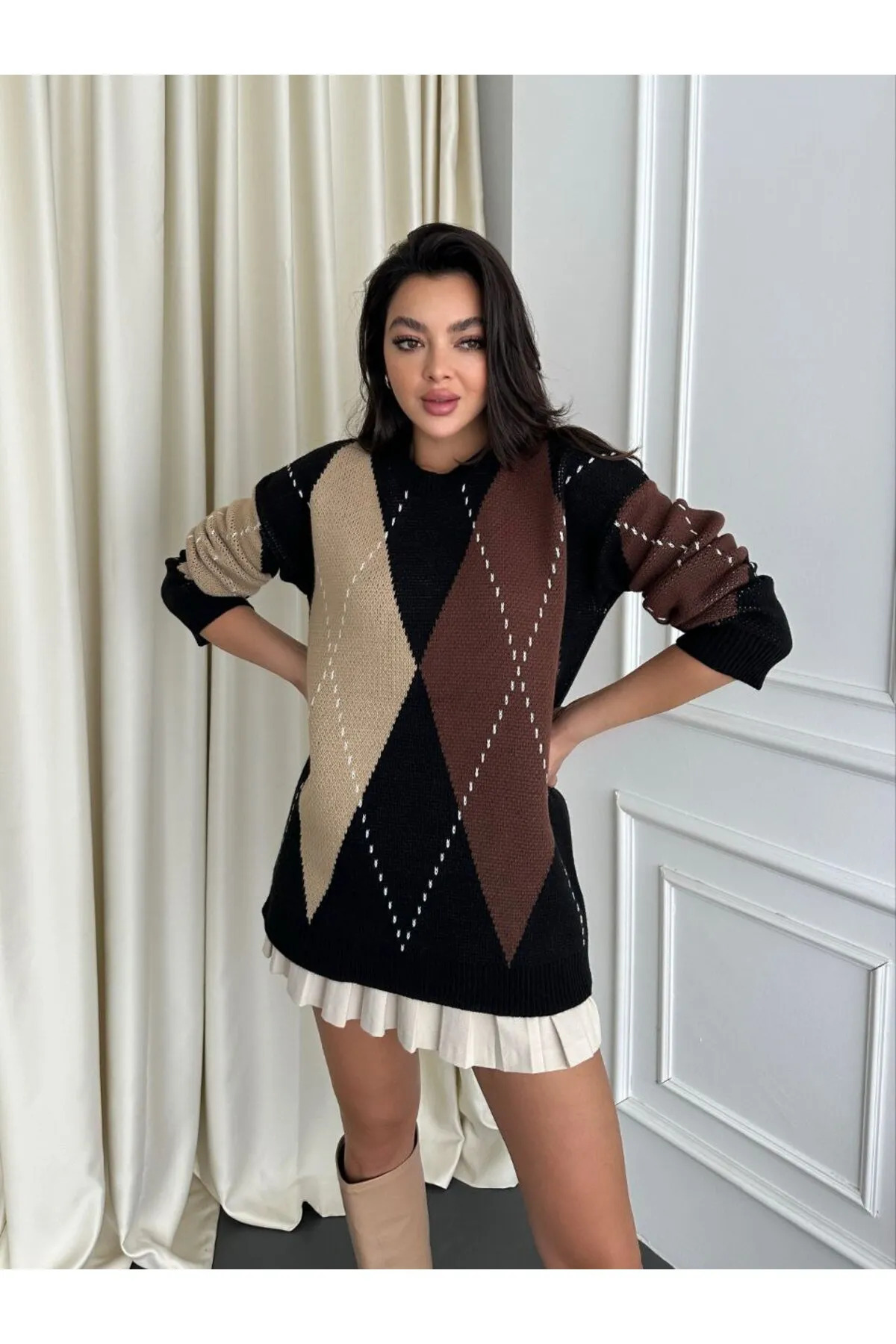 Askı Nişantaşı Baklava Desen Oversize Triko Kazak 108-00511