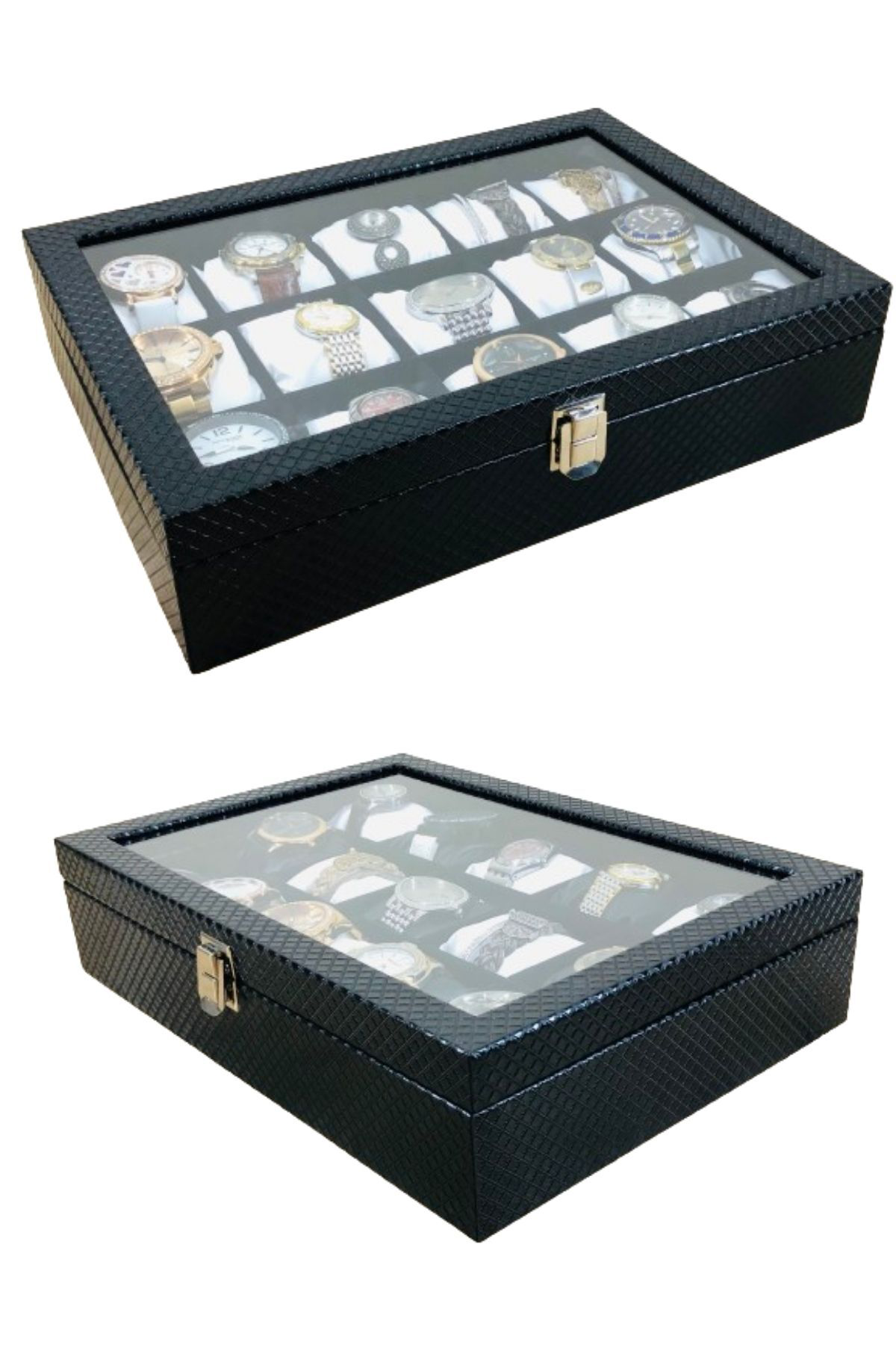 Baklava Desen Siyah Renk Deri Kaplama Ahşap Lux 15'li Saat Kutusu