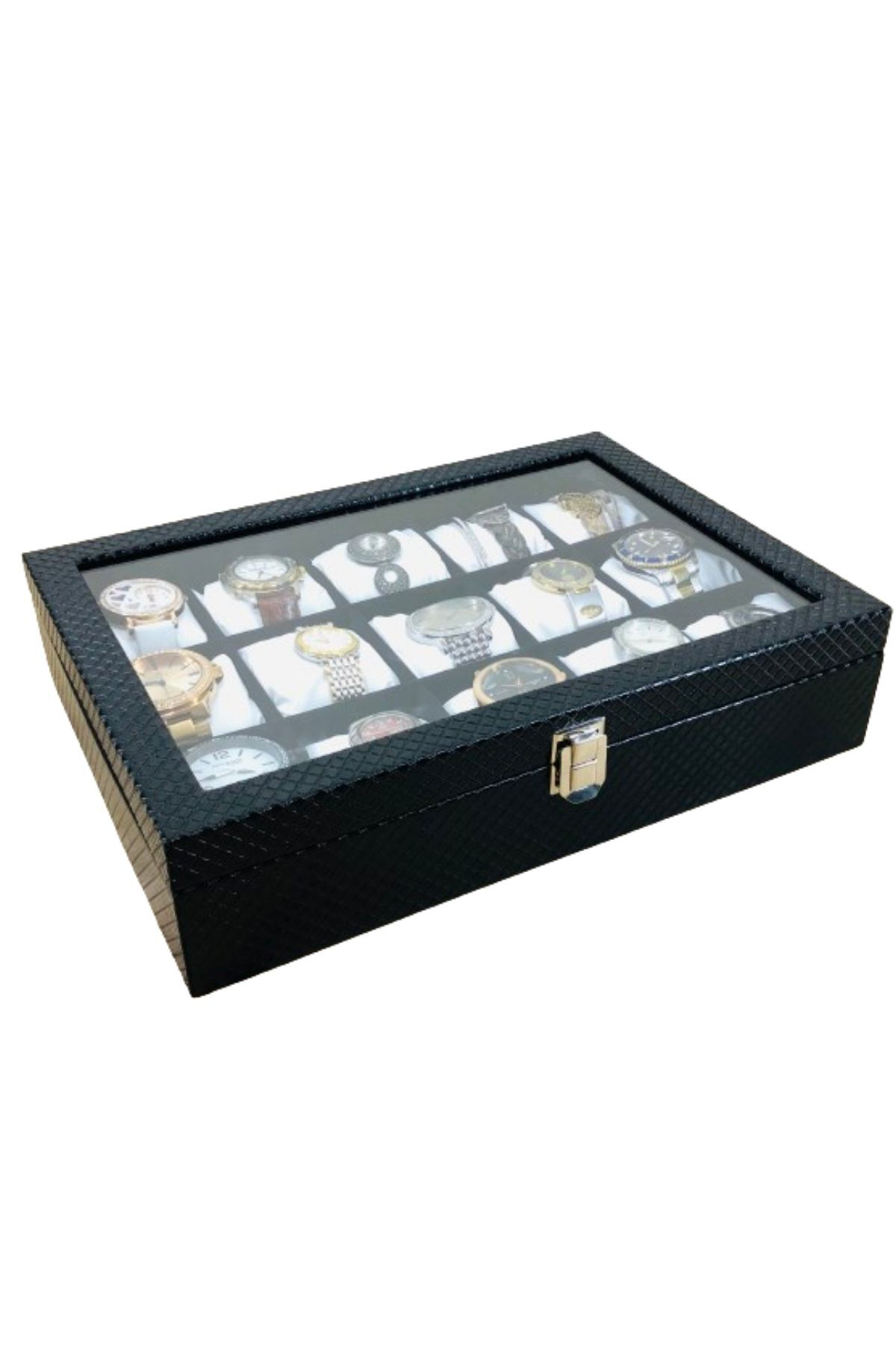 Baklava Desen Siyah Renk Deri Kaplama Ahşap Lux 15'li Saat Kutusu
