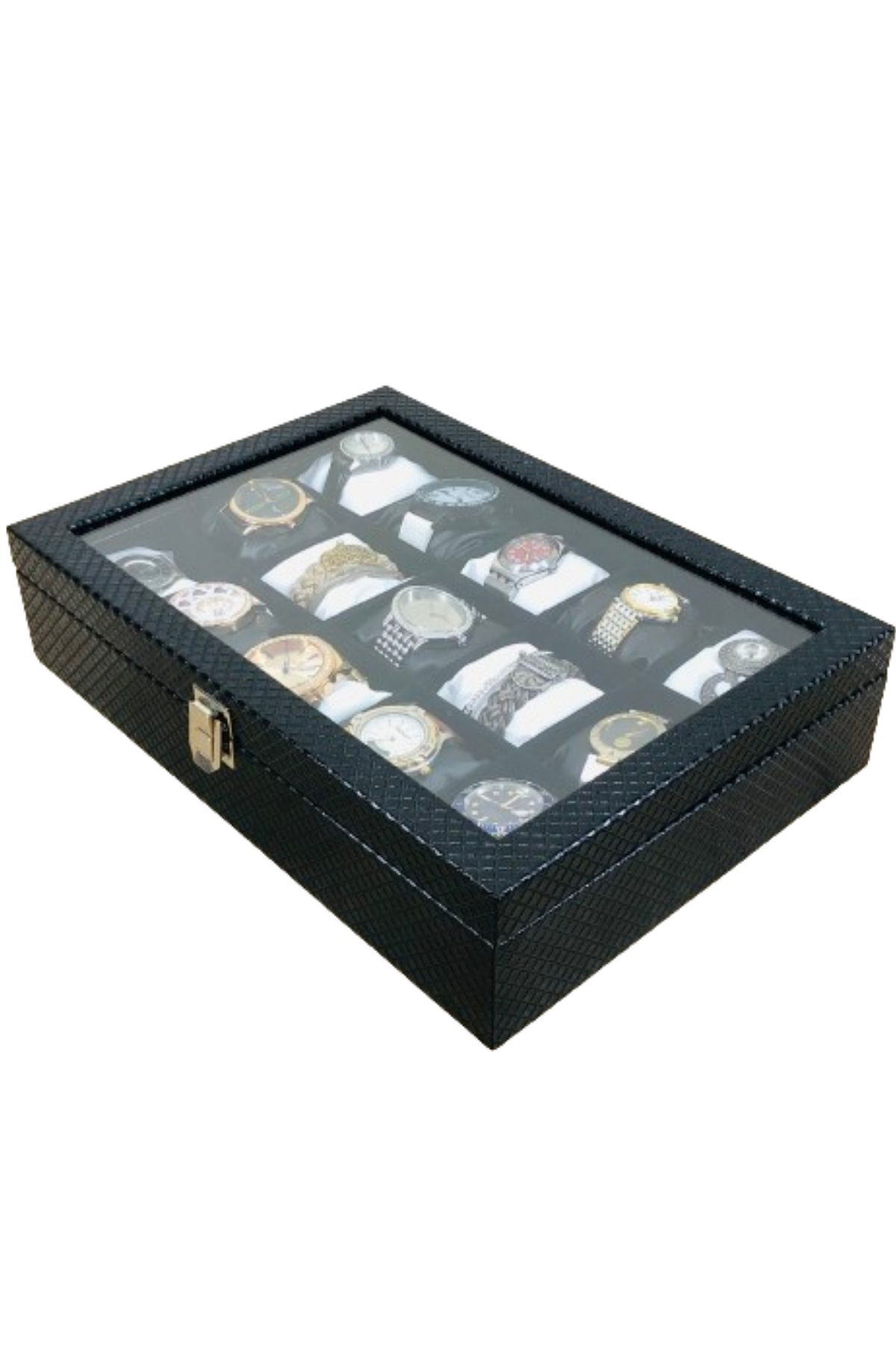 Baklava Desen Siyah Renk Deri Kaplama Ahşap Lux 15'li Saat Kutusu