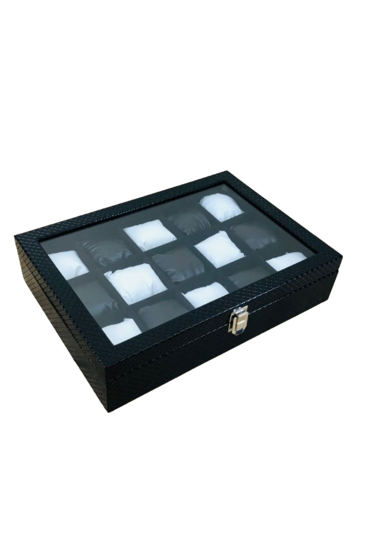 Baklava Desen Siyah Renk Deri Kaplama Ahşap Lux 15'li Saat Kutusu