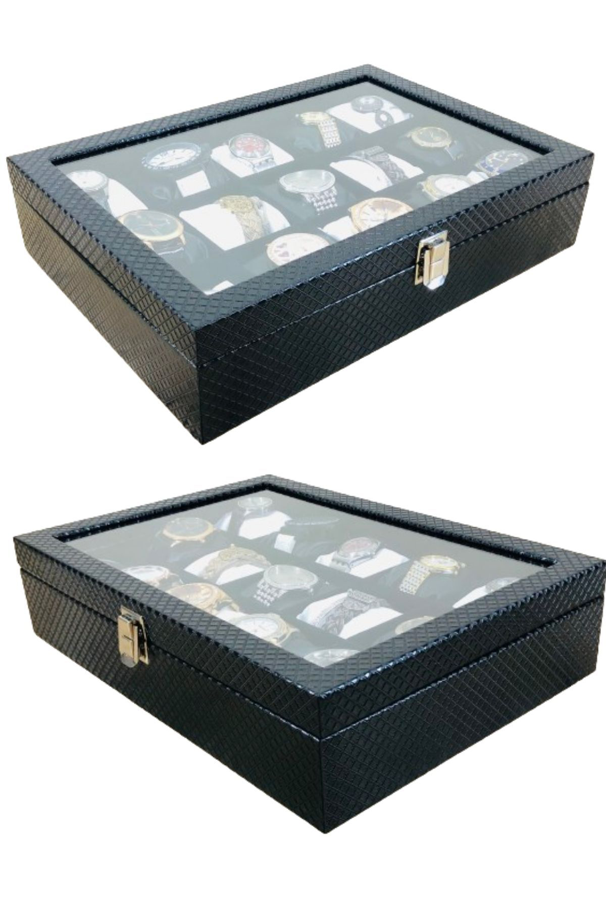 Baklava Desen Siyah Renk Deri Kaplama Ahşap Lux 15'li Saat Kutusu