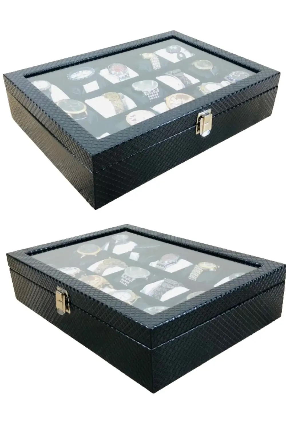 Baklava Desen Siyah Renk Deri Kaplama Ahşap Lux 15'li Saat Kutusu