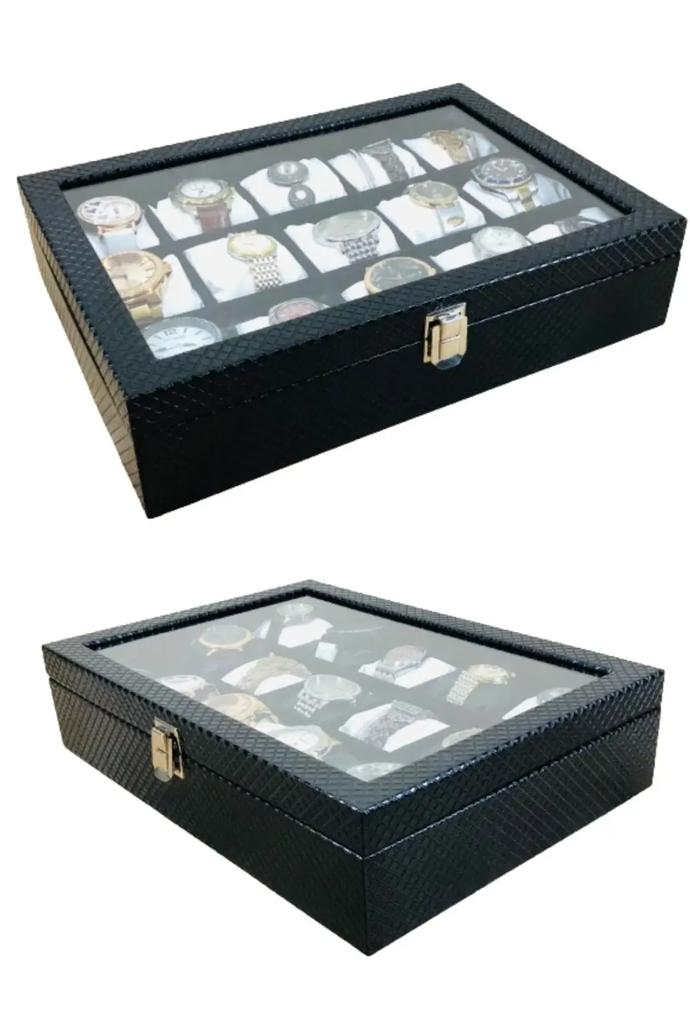 Baklava Desen Siyah Renk Deri Kaplama Ahşap Lux 15'li Saat Kutusu