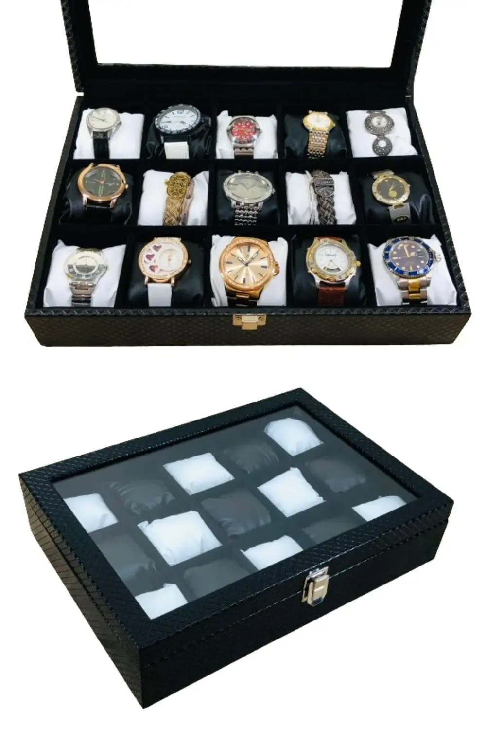 Baklava Desen Siyah Renk Deri Kaplama Ahşap Lux 15'li Saat Kutusu