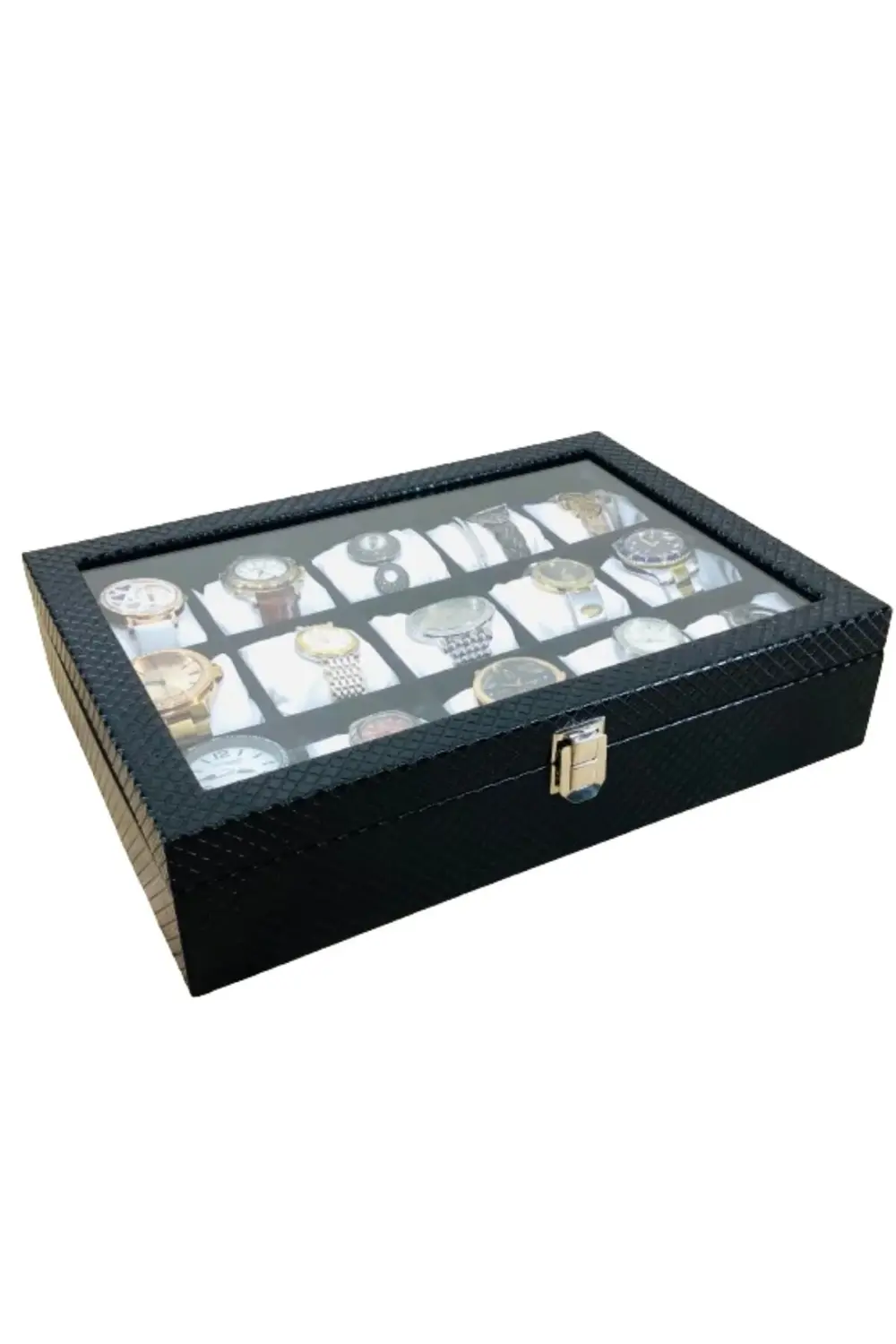Baklava Desen Siyah Renk Deri Kaplama Ahşap Lux 15'li Saat Kutusu
