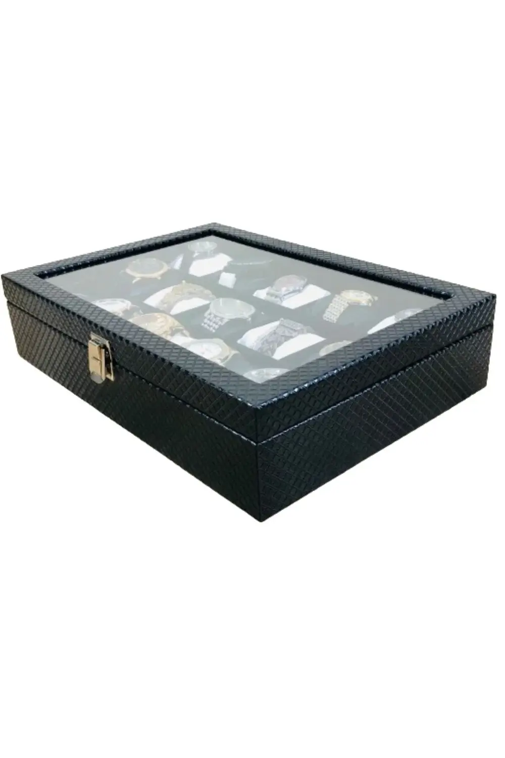 Baklava Desen Siyah Renk Deri Kaplama Ahşap Lux 15'li Saat Kutusu