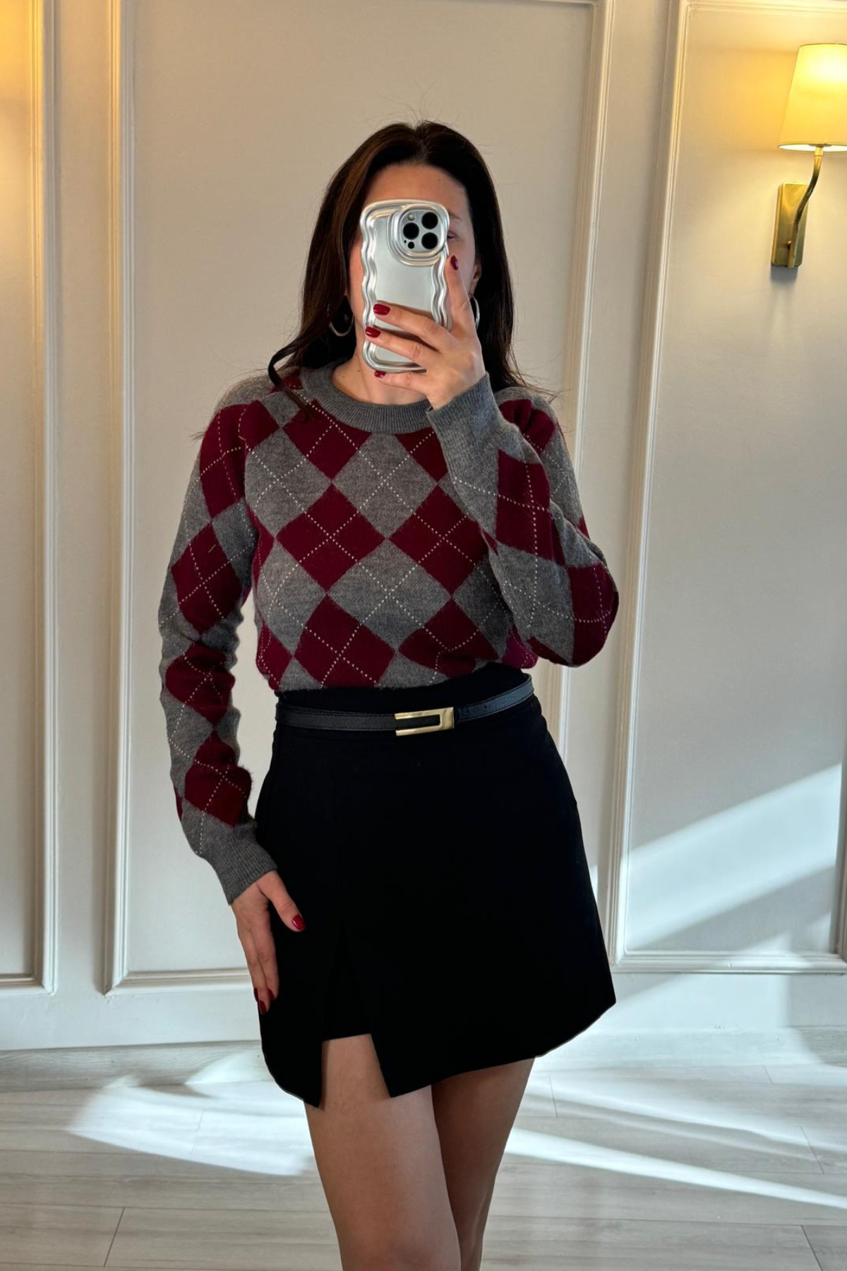 Mrv Baklava Desenli Kazak Gri/Bordo