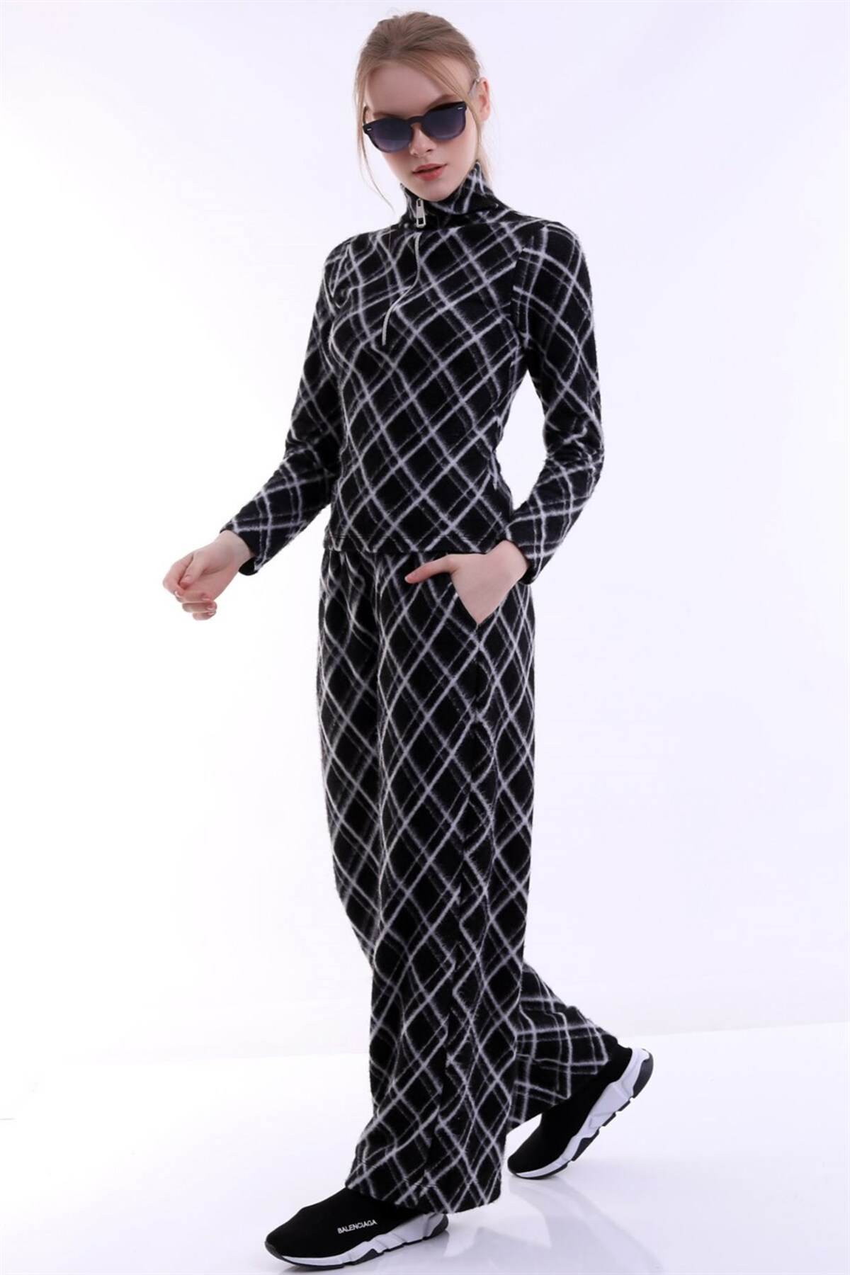 Dreamlike Baklava Desenli Uzun Geniş Paça Beli Lastikli Cepli Şardonlu Raha