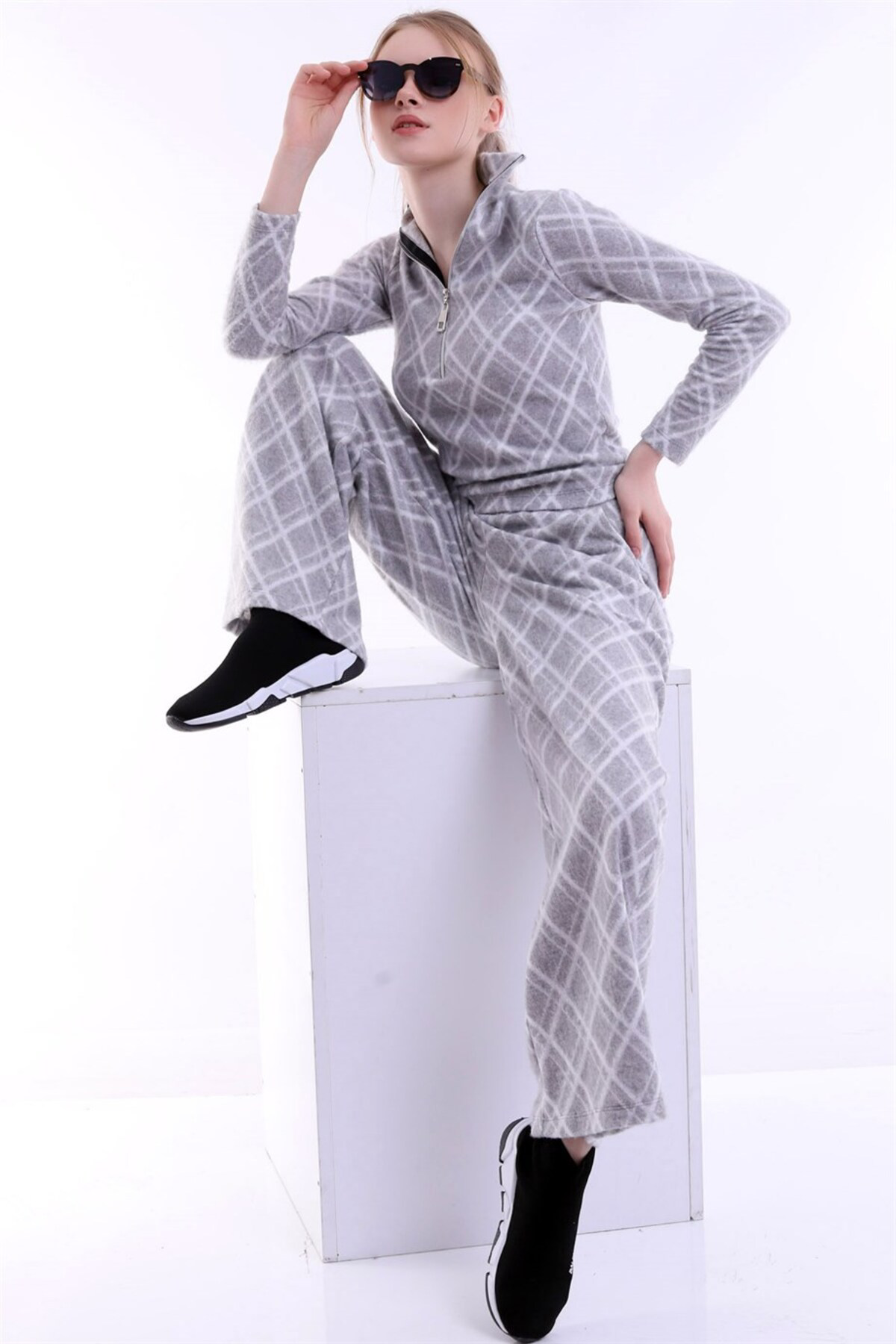 Dreamlike Baklava Desenli Uzun Geniş Paça Beli Lastikli Cepli Şardonlu Raha