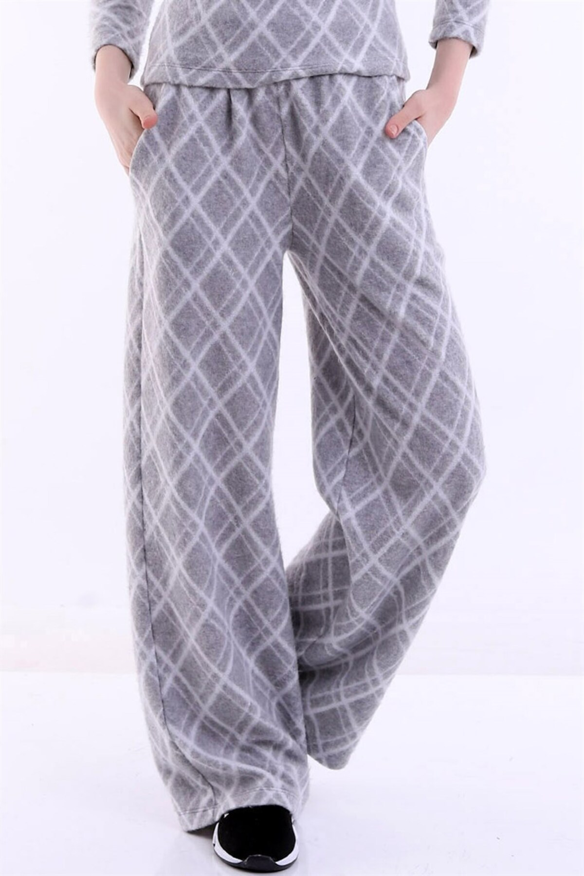 Dreamlike Baklava Desenli Uzun Geniş Paça Beli Lastikli Cepli Şardonlu Raha