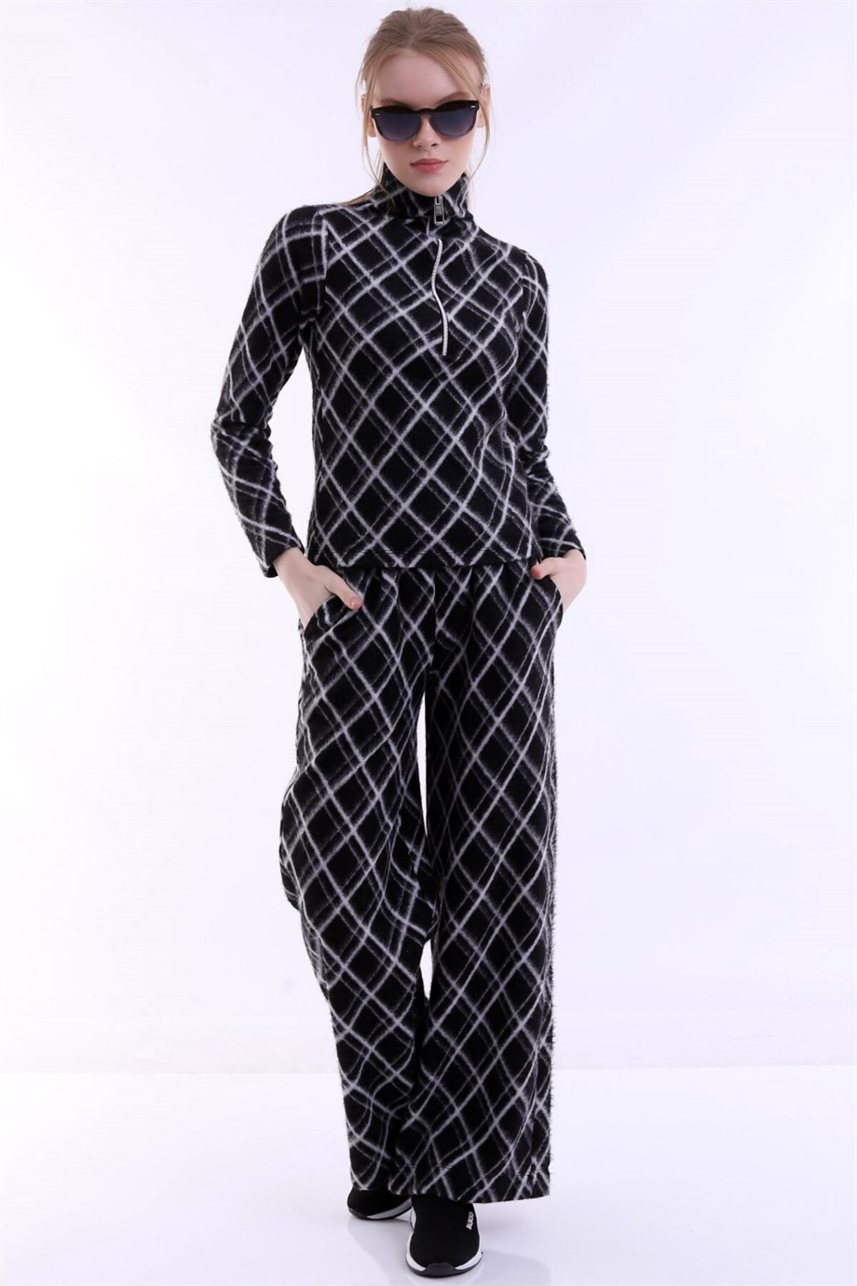 Dreamlike Baklava Desenli Uzun Geniş Paça Beli Lastikli Cepli Şardonlu Raha