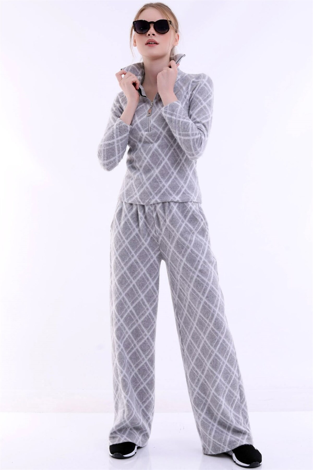 Dreamlike Baklava Desenli Uzun Geniş Paça Beli Lastikli Cepli Şardonlu Raha