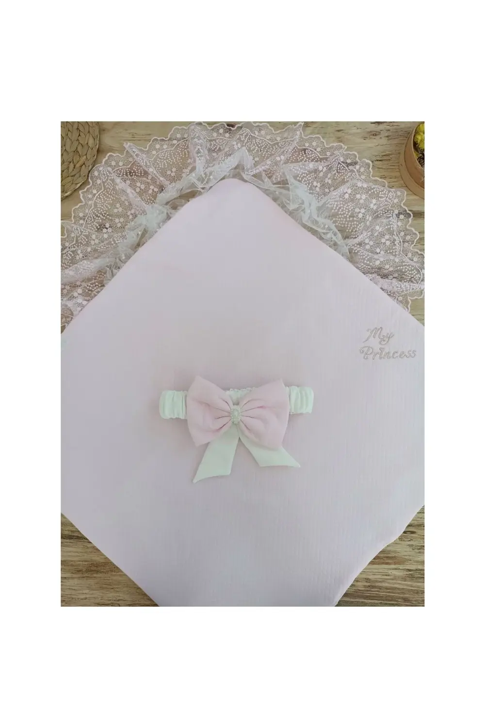 Bal Peteği My Princess Taç Nakış İnci Fiyonklu Dantel Duvaklı Del