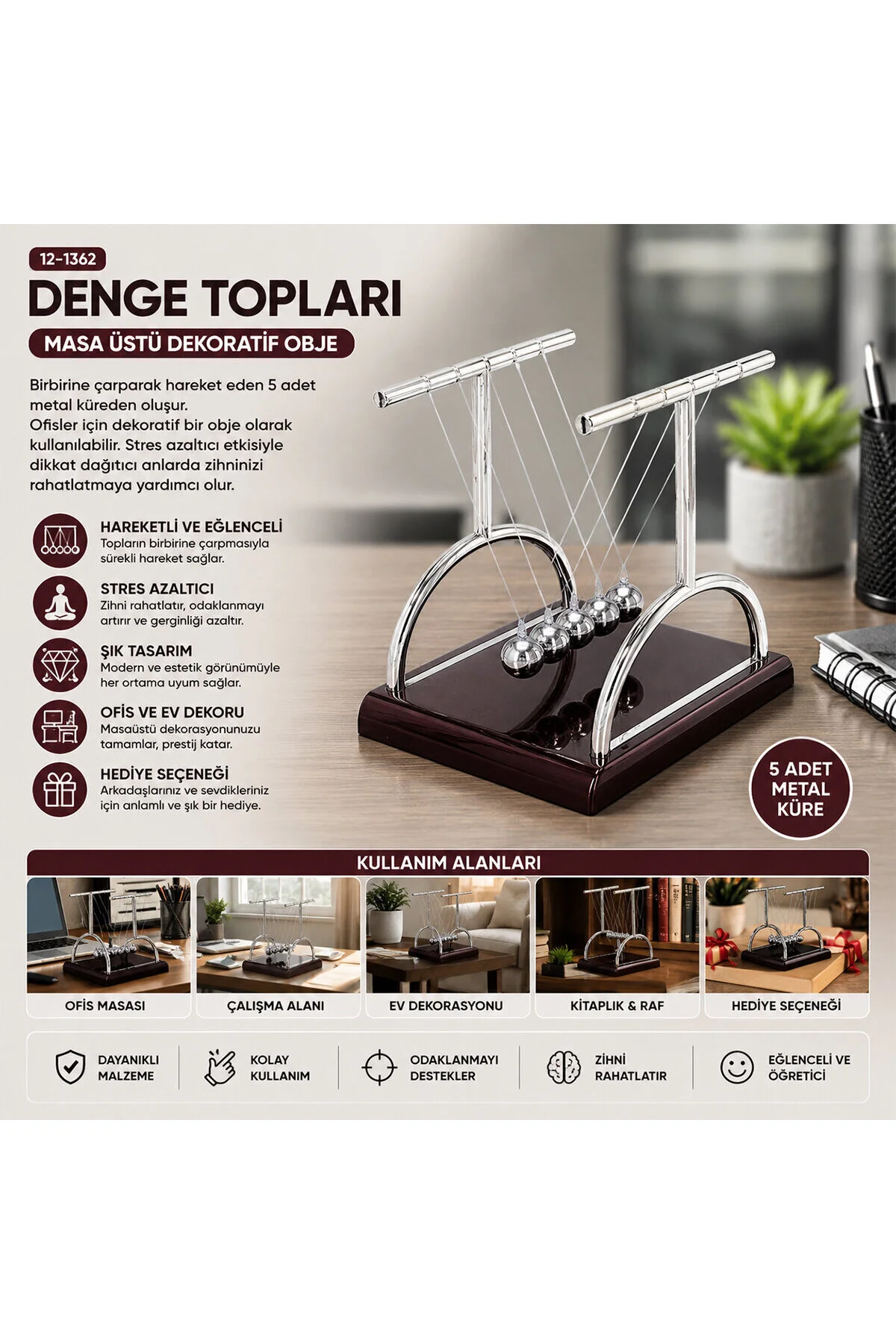 Balance Balls Büyük Newton - Metal Denge Topları Masa Üstü - Görsel 2