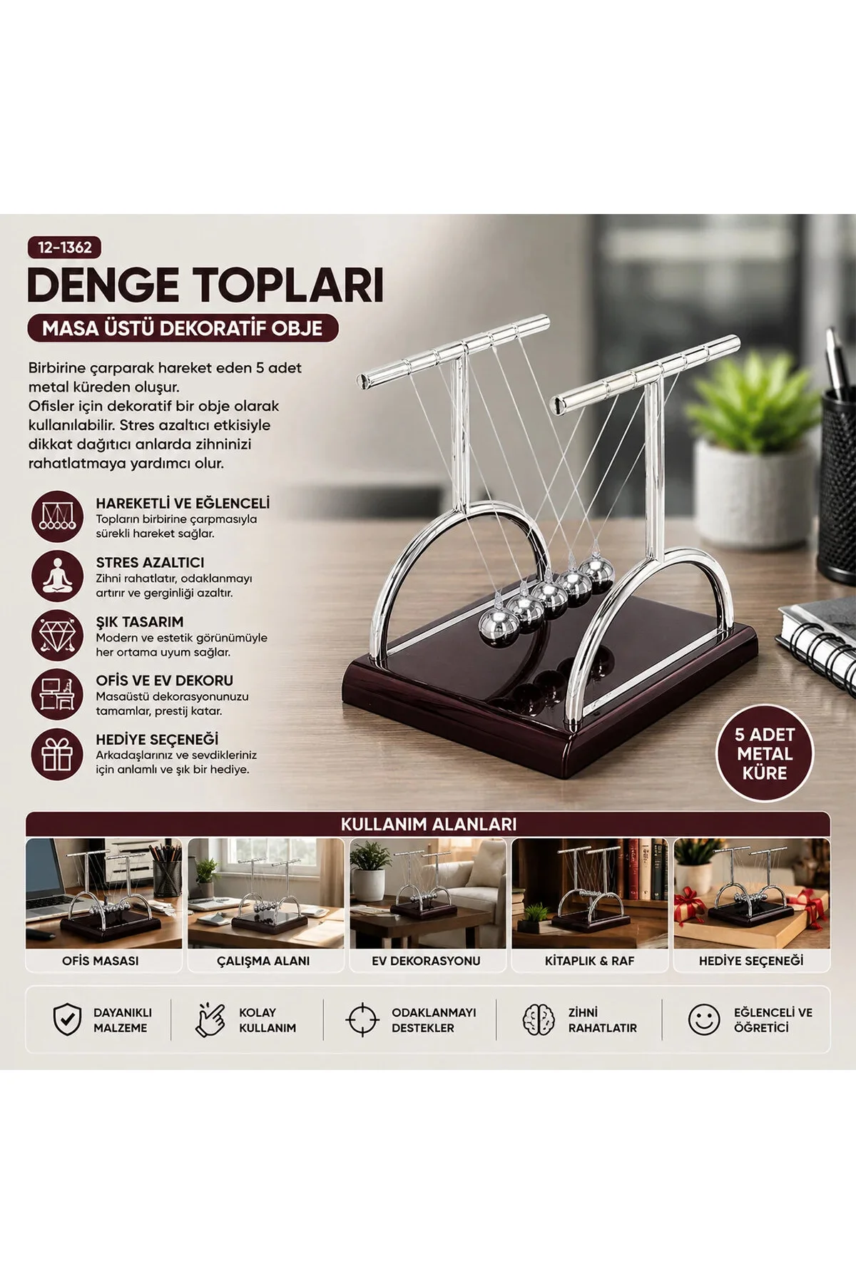 Balance Balls Büyük Newton - Metal Denge Topları Masa Üstü