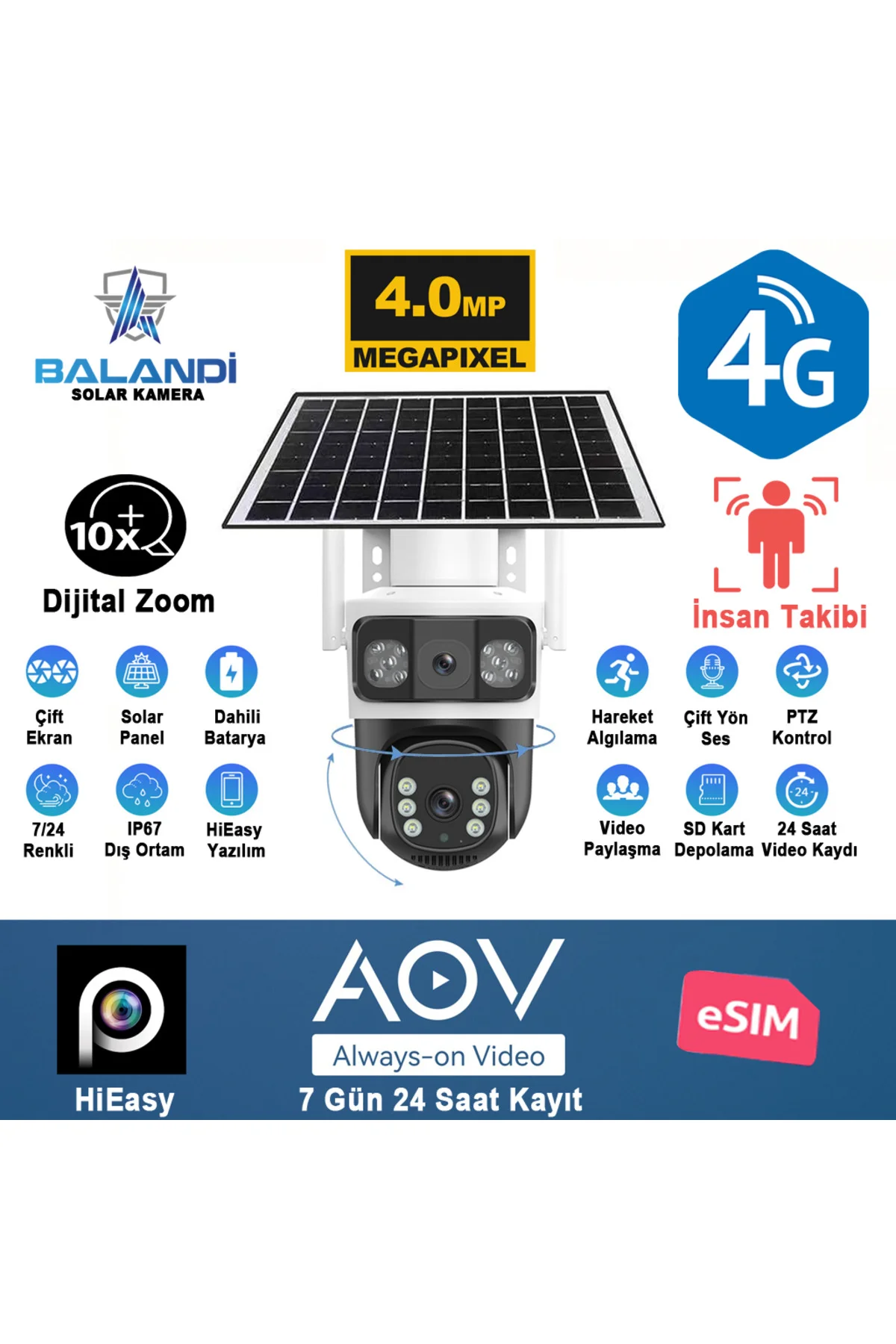 BALANDI PRO-8200GIP 4MP 2 Kameralı 4G AOV ESIM Solar Kamera, HIEA