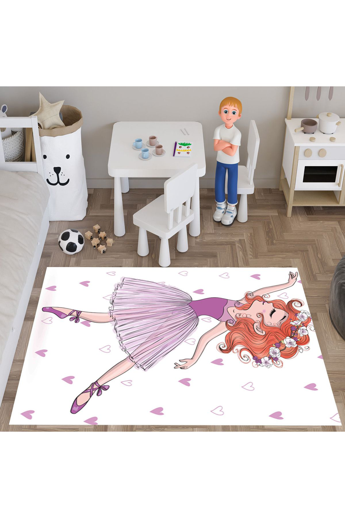 Evan Home Balerin Desenli Çocuk Odası Takım Perde (İki Kanat),Yatak Örtüsü,Yastık,Kırlent ,Halı,