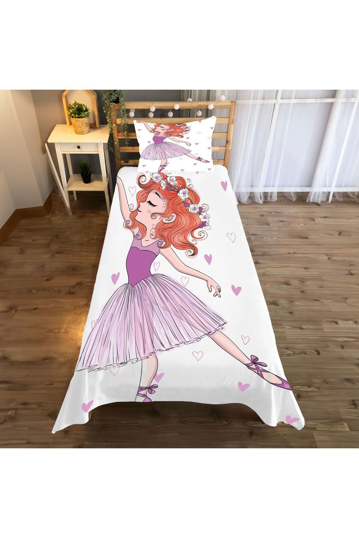 Evan Home Balerin Desenli Çocuk Odası Takım Perde (İki Kanat),Yatak Örtüsü,Yastık,Kırlent ,Halı,