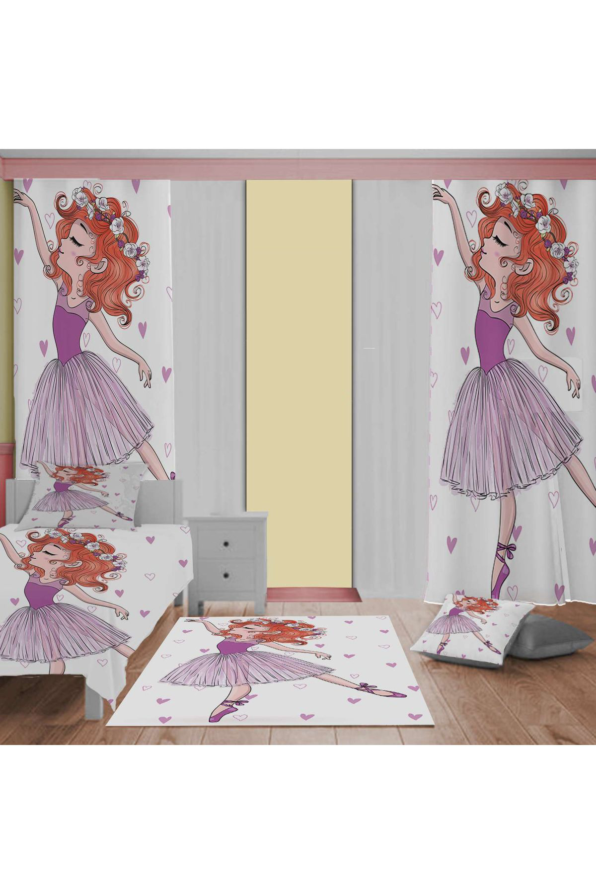 Evan Home Balerin Desenli Çocuk Odası Takım Perde (İki Kanat),Yatak Örtüsü,Yastık,Kırlent ,Halı,