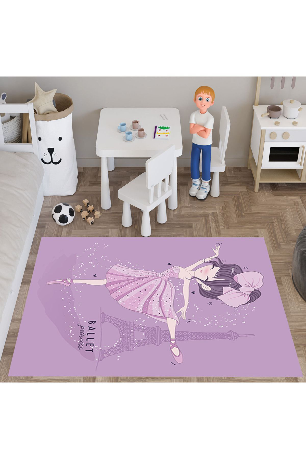 Evan Home Balerin Kiz Desenli Çocuk Odasi Takim Perde (İki Kanat),Yatak Örtüsü,Yastik,Kirlent ,Hali,Tablo
