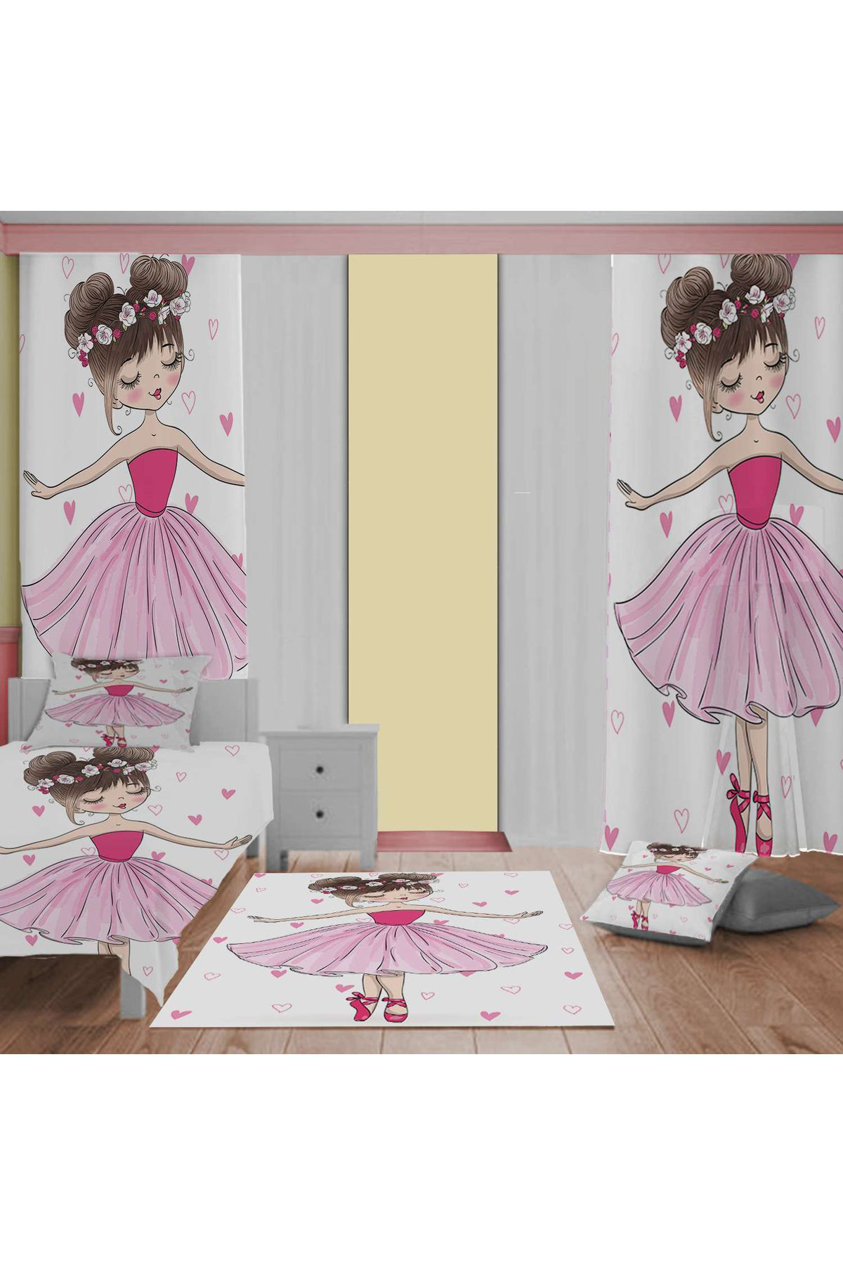 Evan Home Balerin Ve Kedi Desenli Çocuk Odası Takım Perde (İki Kanat),Yatak Örtüsü,Yastık,Kırlent ,Halı,