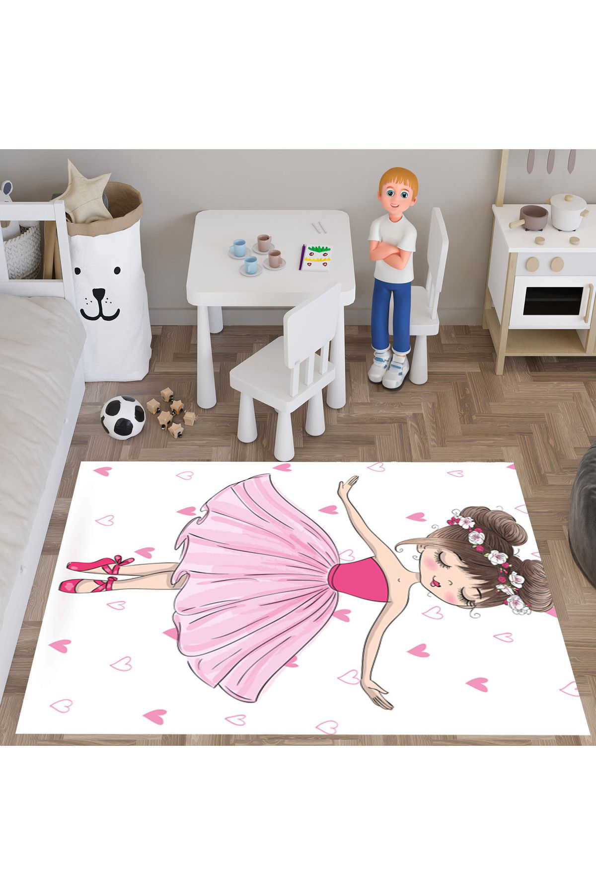 Evan Home Balerin Ve Kedi Desenli Çocuk Odası Takım Perde (İki Kanat),Yatak Örtüsü,Yastık,Kırlent ,Halı,