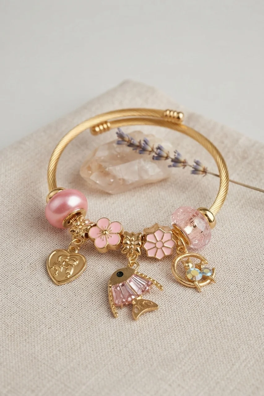 Balık Charmlı Pembe Renk Gold Bileklik - Lisinya Diğer