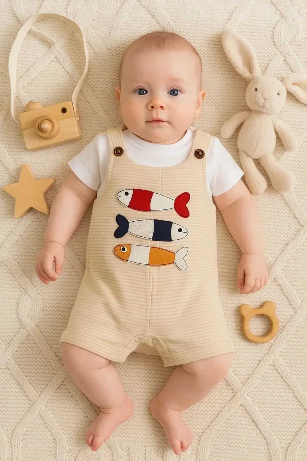 Balık Nakışlı Kısa Kollu Erkek Bebek Tulumu