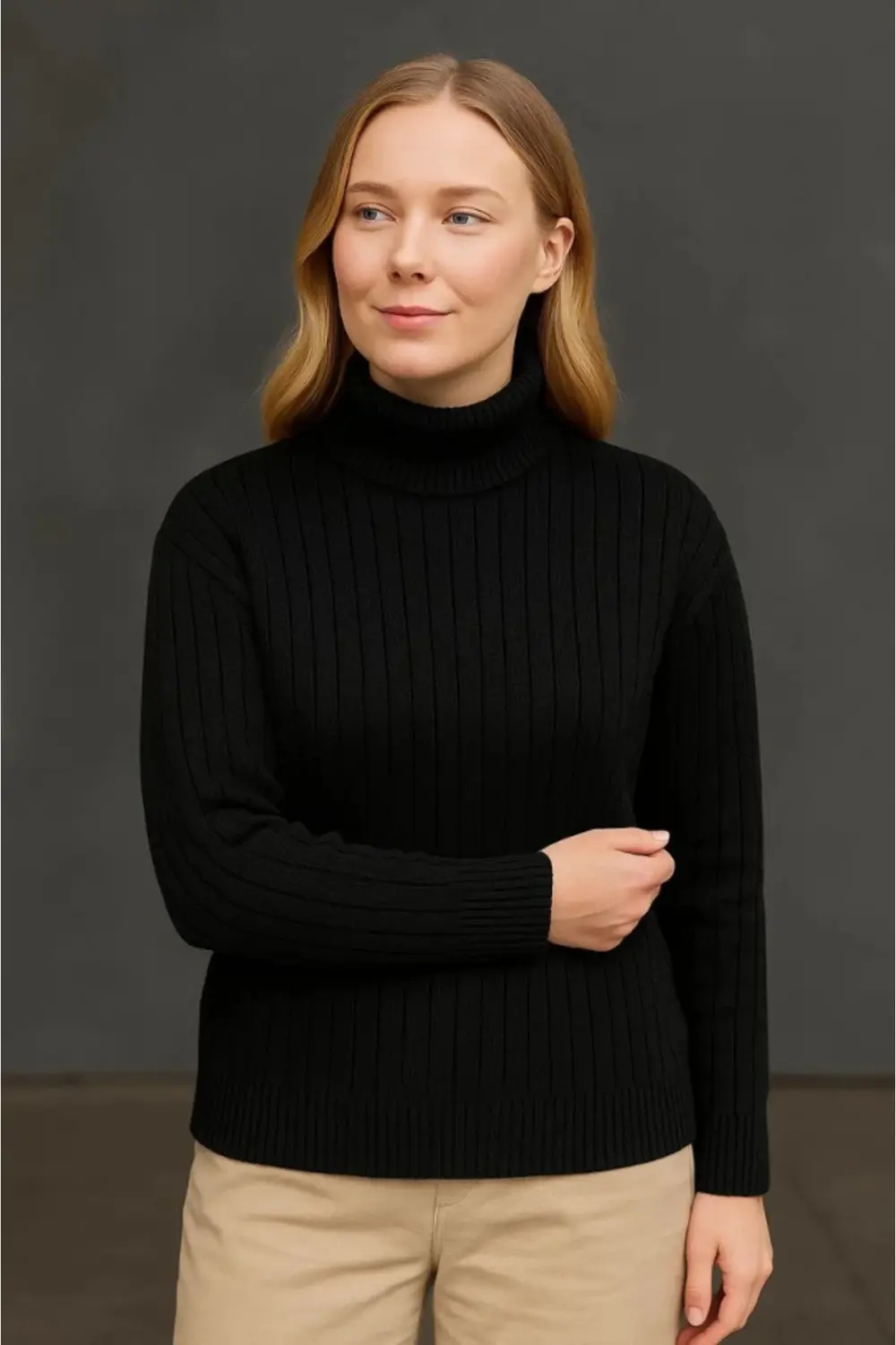 Balıkcı Yaka Bağazlı Triko Kazak Pamuklu Kalın Fitilli Dokuma - S