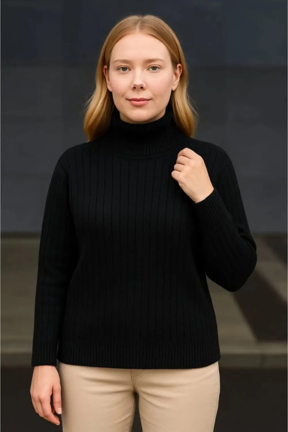 Balıkcı Yaka Bağazlı Triko Kazak Pamuklu Kalın Fitilli Dokuma - S